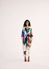 A Model Wearing Multicolor,Cotton Mul Sunset Splash Kurta Set curated by Only Ethikal